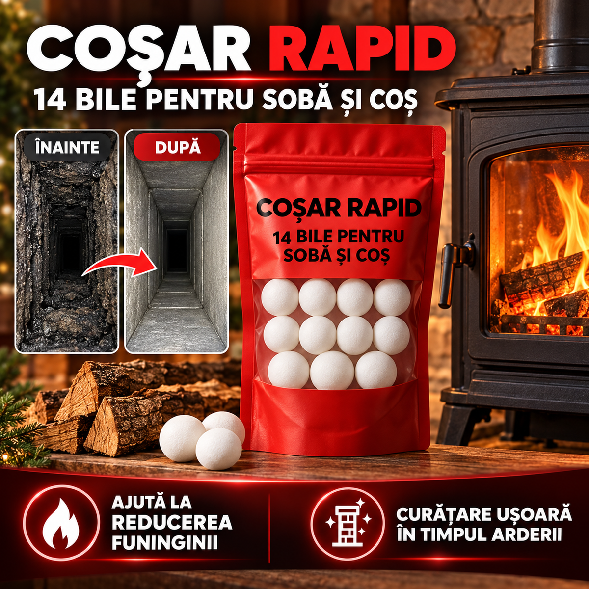 Coșar Rapid – 14 bile pentru curățarea sobei și coșului