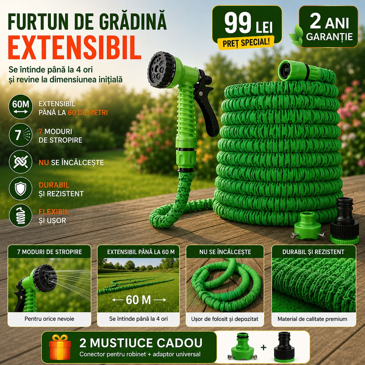 Furtun de gradina extensibil + CADOU pistol presiune